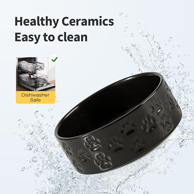 Ceramic Dog Bowl Set, 7.3" Dog Bowls with Anti-Slip Rings for Medium Breed Dogs, 5 Cup Food and Water Bowls, Pet Dishes for Medium-Sized Dogs, Dishwasher Safe (Double Bowls - Black, 7.3 inch)