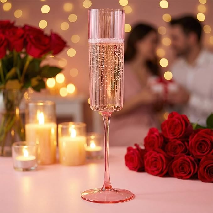 Ciaell 24 Pack Pink Plastic Champagne Flutes - 6oz Ribbed Disposable Champagne Glasses - Pink Vintage Mimosa Glasses with Long Stem, Elegant & Lightweight for Weddings and Party