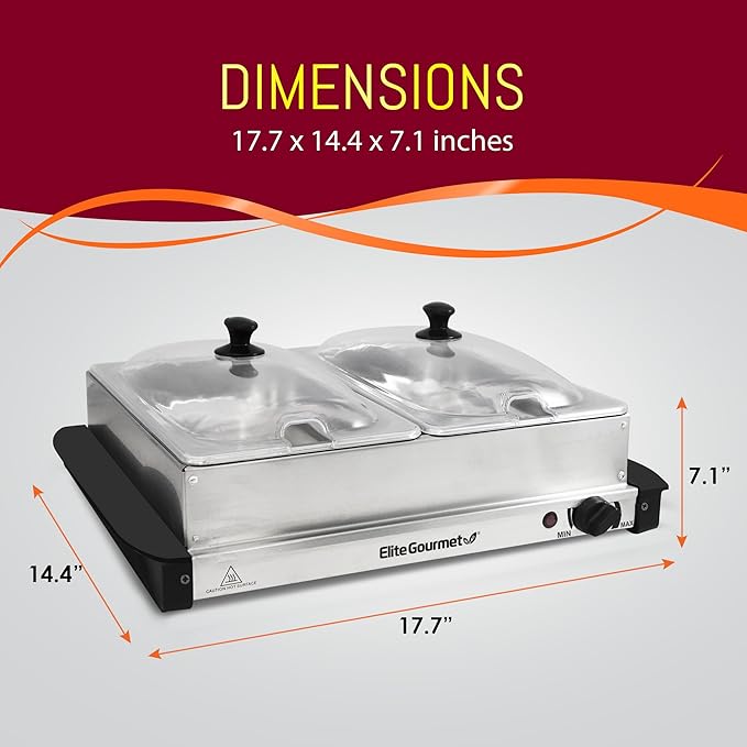 Elite Gourmet EWM-6122 Dual 2 x 2.5 Qt. Trays, Buffet Server, Food Warmer Temperature Control, Clear Slotted Lids, Perfect for Parties, Entertaining & Holidays, 5 Qt Total, Stainless Steel