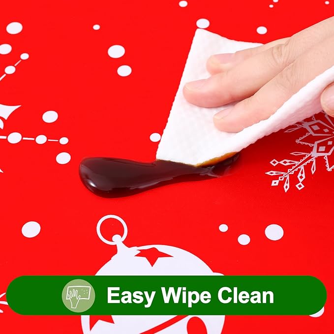 Smiry Plastic Christmas Tablecloth, Snowflake Wipeable Flannel Backed Vinyl Tablecloth, Waterproof Elastic Fitted Table Cover for Christmas Dinner, and New Year Celebration (White & Red, 30x96 Inches)