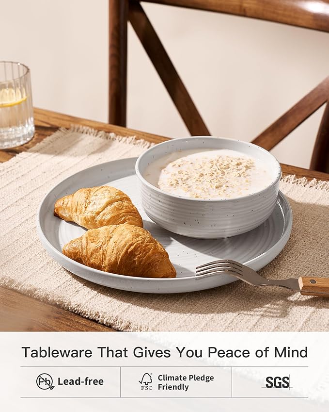 Plates and Bowls Sets for 6 (18-Piece) Stoneware Reactive Glaze Dinnerware with Speckles & Spirals, Chip and Scratch Resistant Flared Dishes Set with Gift Box, Microwave Dishwasher Safe, White