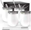 CHILLOUT LIFE 12 oz Stainless Steel Wine Tumblers 4 Pack - Double Wall Vacuum Insulated Wine Glasses Cups with Lids and Straws Set Keeping Cold & Hot for Coffee, Beer, Ice Cream - Powder Coated White