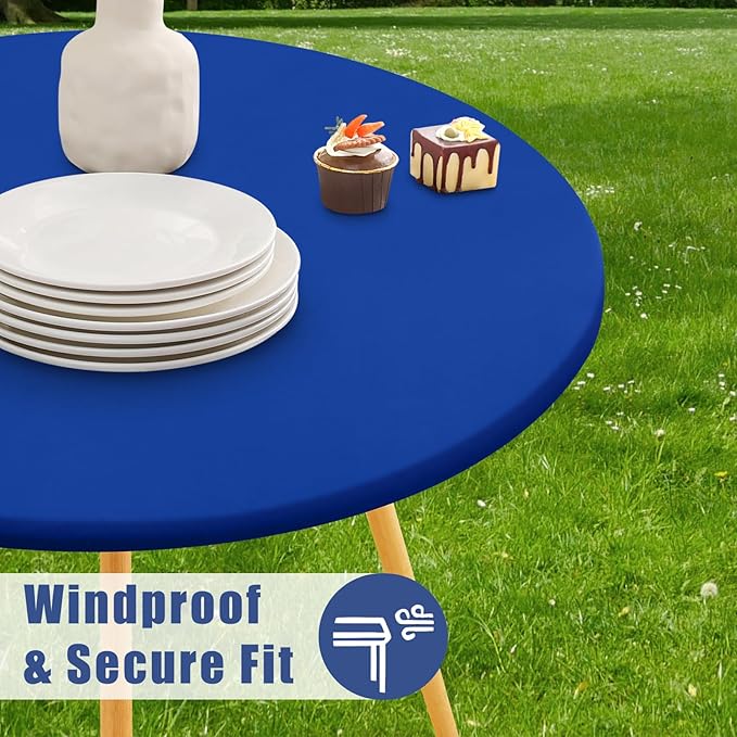Round Spandex Tablecloth, Elastic Fitted Waterproof Tablecloths for 45"-56" Tables, Stretch Washable Picnic Table Cover for Camping, Dining, Indoor and Outdoor, Blue
