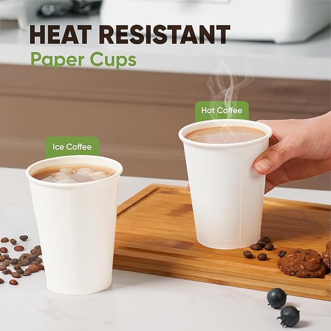 Paper Cups 14 oz – 200 Disposable Coffee Cups with 100 Paper Straws | Hot Cups for Coffee & Tea up to 150°F | Food-Contact Compliant Paper (FDA 21 CFR 176.170)