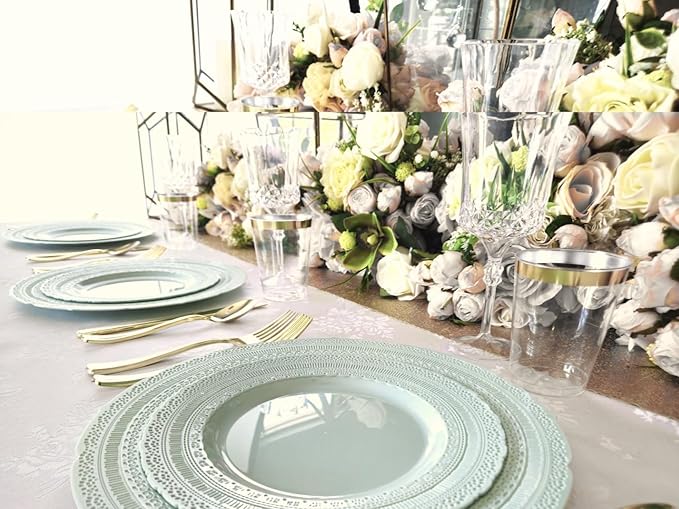 " OCCASIONS " 80 Plates Pack,(40 Guests) Extra Heavyweight Vintage Wedding Disposable/Reusable Plastic Plates 40 x 11'' Dinner + 40 x 8.25'' Salad/Dessert Plate (Chateau in Mint)