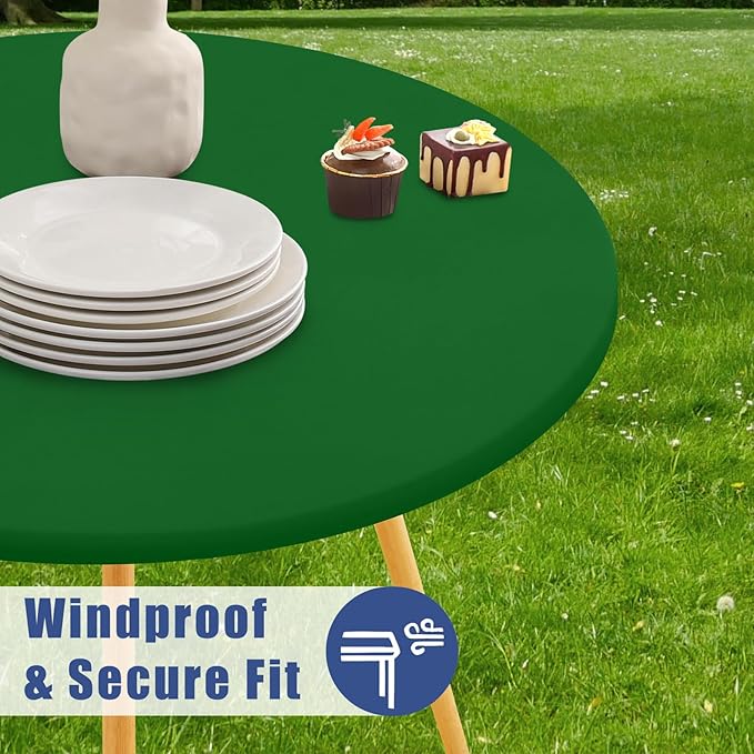 Round Spandex Tablecloth 2 Pack, Elastic Fitted Waterproof Tablecloths for 25"-30" Tables, Stretch Washable Picnic Table Cover for Camping, Dining, Indoor and Outdoor, Emerald Green