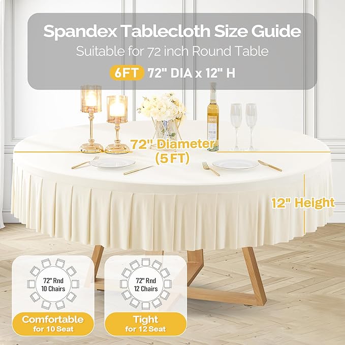 6 Pack Ivory Spandex Round Tablecloths for 72in Table, Stretchy Fitted 6FT Round Table Cloths, Wrinkle Free Table Cover with Skirt for Wedding Birthday Party Bridal Shower Banquet