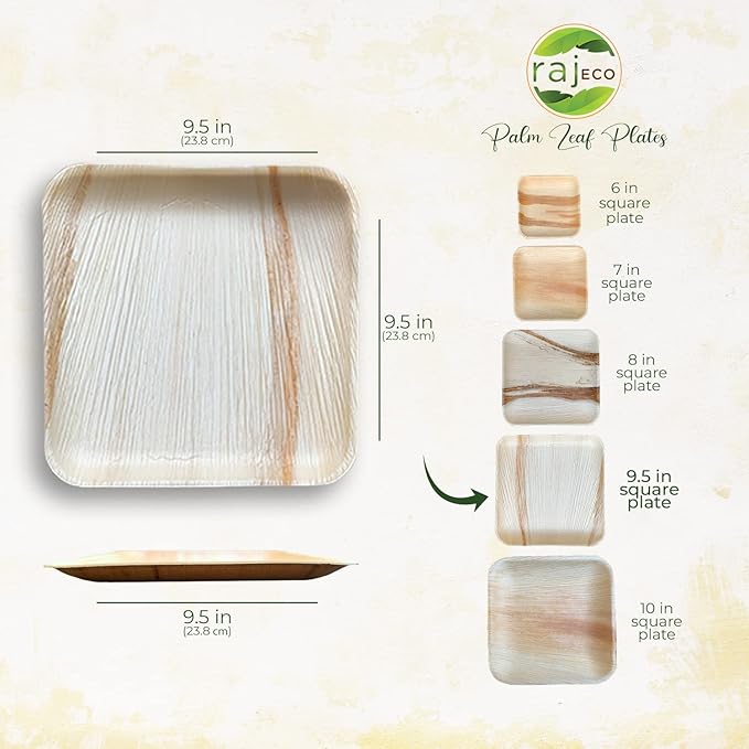 Raj Disposable Palm Leaf Plate [50-Pack] Large Square Plates Strong and Reusable Party Plate Like Bamboo Plates - Decorative Compostable Tableware for Lunch, Dinner, Birthday, Outdoor BBQ