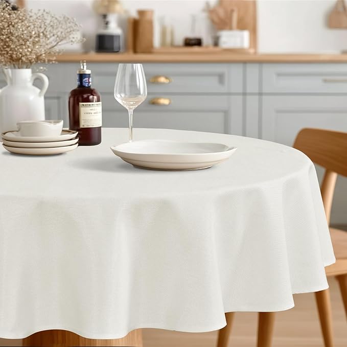 JIUZHEN Faux Linen Round Tablecloths 102 inch, Decorative Wrinkle Free Texture Rustic Circle Table Cloth Cover for Kitchen, Dining, Party, Wedding, Outdoor Use (102 Inch Round,White)