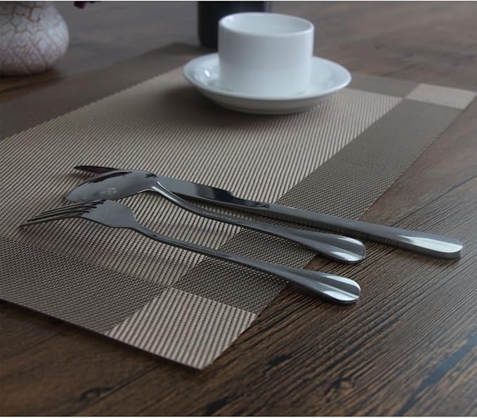 Placemats Washable PVC Placemats Plastic Wipe Clean for Kitchen Table Stain-resistand Woven Vinyl Wine Table Mats 12x18 inches Set of 4（Champagne）