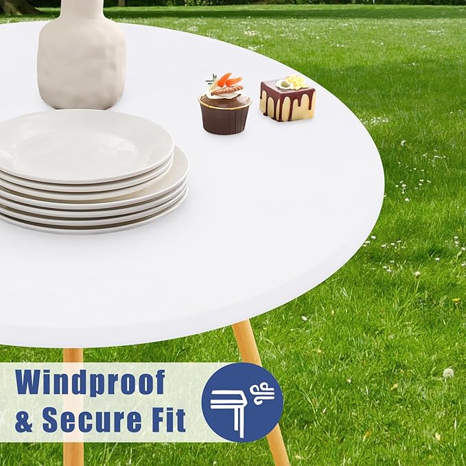 Round Spandex Tablecloth 2 Pack, Elastic Fitted Waterproof Tablecloths for 45"-56" Tables, Stretch Washable Picnic Table Cover for Camping, Dining, Indoor and Outdoor, White