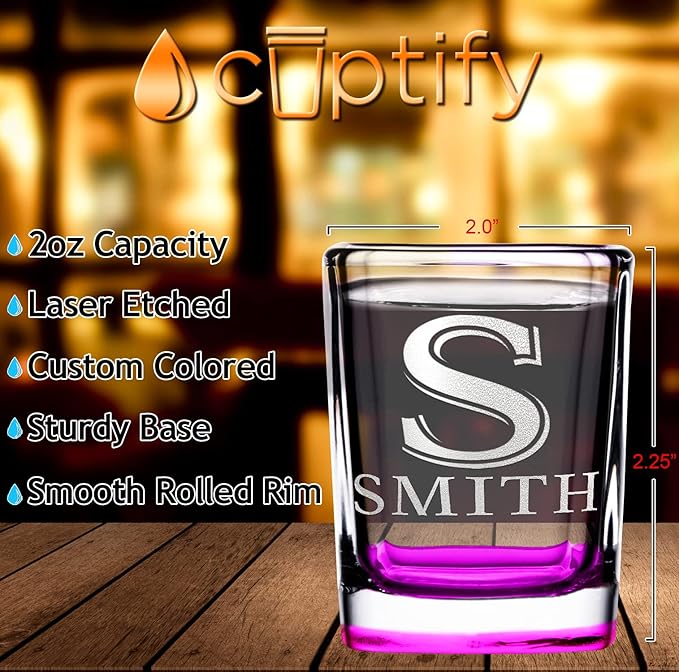 Personalized Square Shot Glasses Set of 50 Pink Bottom 2oz Engraved Initial and Name Custom Gifts, Weddings, Birthdays, Bachelorette Party and Decorations for Women
