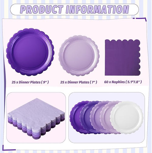 110 Pcs Purple Plates and Napkins Tableware Set Serve 25 Guests Includes Scalloped 9" 7" Paper Dessert Dinner Plate Purple Series Napkins for Spring Birthday Wedding Baby Shower Tea Party