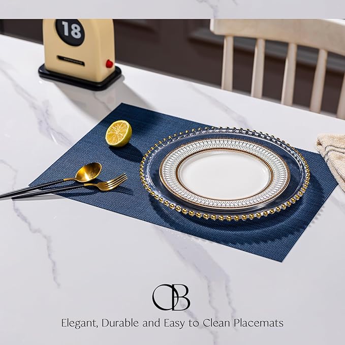 Placemats Set of 8 - Easy Clean Woven Vinyl Placemats for Dining Table, Indoor/Outdoor Place Mats, Washable PVC Table Mats（Navy Blue）