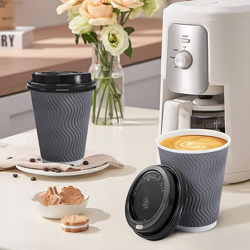 100 Pack 12 oz Disposable Coffee Cups with Lids, Insulated Ripple Wall To-Go Paper Coffee Cups Suitable for Chocolate Cocoa and Hot/Cold Drinks (Grey)