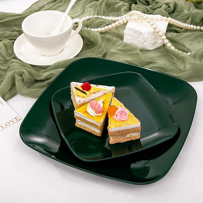PULOTE 60PCS Green Square Plastic Plates - Green Disposable for 30 Green Guests Include 30 Dinner and 30 Dessert Plates for Party&Christmas