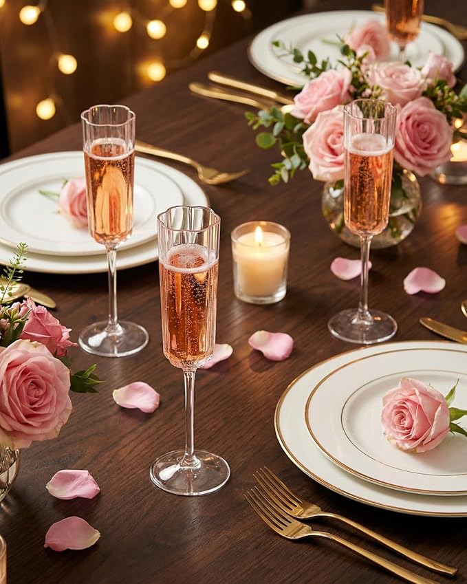 Ciaell 24 Pack Plastic Champagne Flutes - 6 Oz Flower Wavy Champagne Plastic Glasses - Heavy Duty Vintage Disposable Flutes for Party & Anniversary & Wedding
