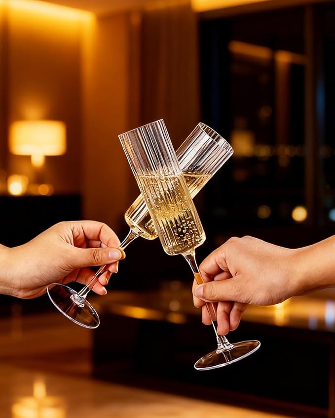 Ciaell 24 Pack Plastic Champagne Flutes - 6oz Ribbed Disposable Champagne Glasses - Clear Vintage Mimosa Glasses with Long Stem, Elegant for Weddings, Birthdays, Party