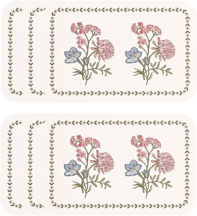 ISAENNE French Cottage Floral Rectangle PVC Placemats Set of 6, Waterproof and Heat-Resistant Place Mats.Decoration for Kitchen, Dinning, Parties, Holiday,12"*17"