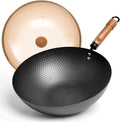 WANGYUANJI Carbon Steel Wok Pan with Lid, 12.6" Hammered Stir Fry Pan, Thickened Heavy Duty Flat Bottom Wok for Electric, Induction & Gas Stoves, Detachable Wood Handle, No Chemical Coating (Black)