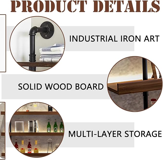 39.7in Large Wine Rack with LED Light Solid Wood Wall Mounted Wine Rack, 3-Tiers Liquor Bottles Floating Shelves Display Storage Organizer for Home Bar & Dining Room (100cm/39.7in)