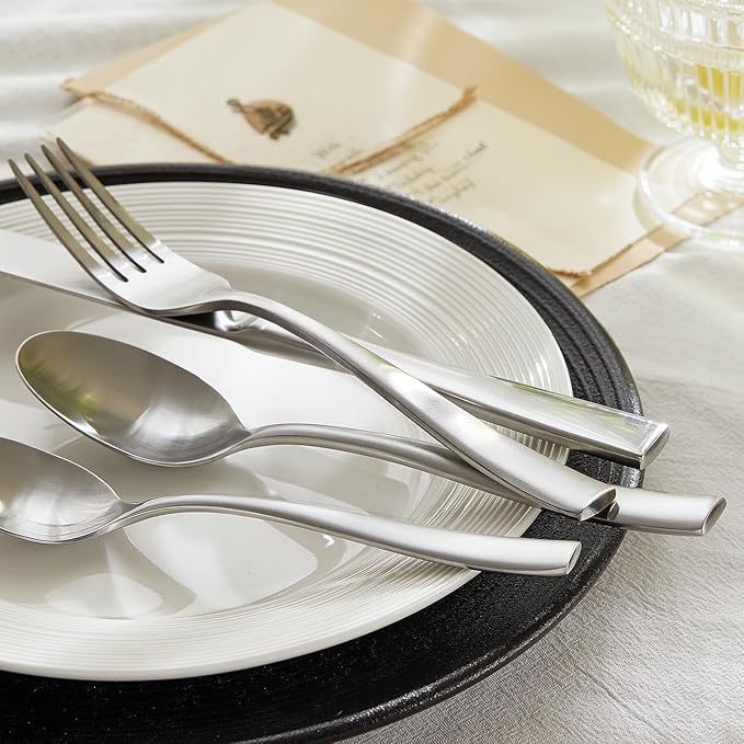 HIKAA Forged Silverware Set Stainless Steel Flatware Set,Service for 8,Matte Satin Polished Cutlery Set, with Serving Set and Metal Organizer (Matte Silver 45PCS)