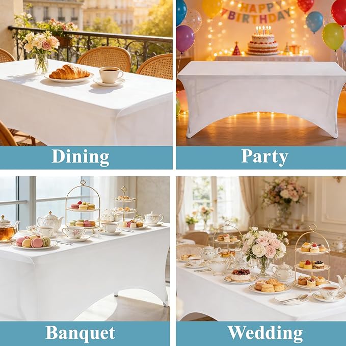 VidaFete Spandex Tablecloth 6 Pack 6FT, Fitted Stretch Table Cover for Rectangle Tables, Wrinkle Resistant and Washable Tablecloths for Outdoor, Picnic, Party, Wedding, Banquet, Birthday, White