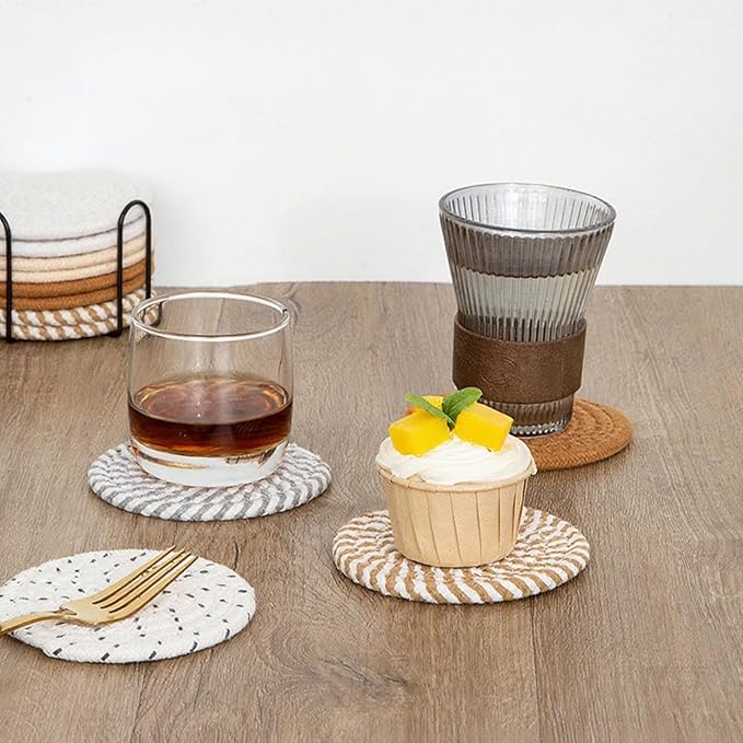 8 Pcs Drink Coasters with Holder, Handwoven Cotton Coasters Set Stackable Absorbent Minimalist Home Decor for Table, Cup, Mug (Black)