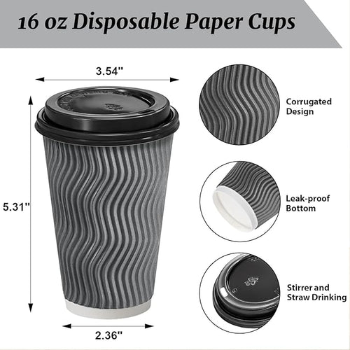 100 Pack 16 oz Disposable Coffee Cups with Lids, Insulated Ripple Wall To-Go Paper Coffee Cups Suitable for Chocolate Cocoa and Hot/Cold Drinks (Grey)