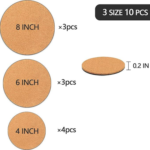 10 Pieces 3 Sizes Cork Plant Coasters, 4/6/8 Inch Cork Plant Mats, Cork Coaster for Planters, Plant Coasters for House Plants Indoors (Nude & Black)