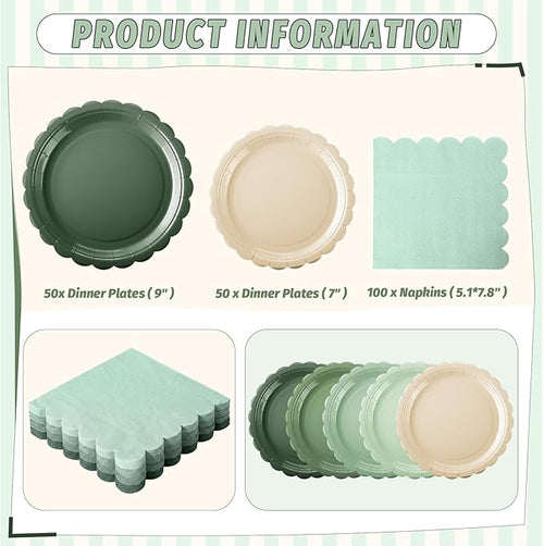 110pcs Sage Green Plates and Napkins Tableware Set Serve 25 Guests Includes Scalloped 9" 7" Paper Dessert Dinner Plate Green Series Napkins for Spring Birthday Wedding Baby Shower Tea Party