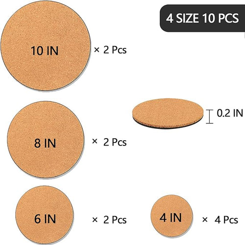 10 Pieces 4 Sizes Cork Plant Coasters, 4/6/8/10 Inch Cork Plant Mats, Plant Coasters for House Plants Indoors (Nude & Black)
