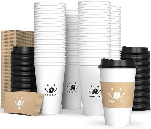 100 Pack 12oz Disposable Coffee Cups with Lids and Sleeves, To Go Paper Cups for Hot & Cold Beverages