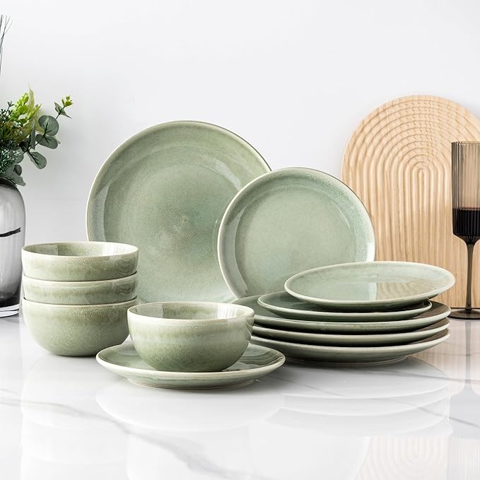 AmorArc Ceramic Dinnerware Sets for 4, 12 Pieces Handpainted Plates and Bowls Set, Scratch Resistant Stoneware Dishes Set, Dishwasher & Microwave Safe, Olive Green