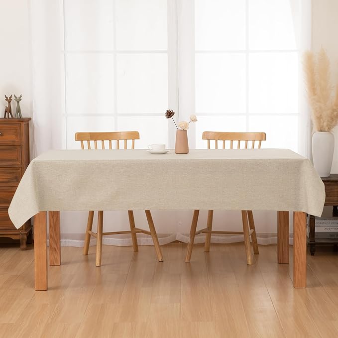 Hiasan Faux Linen Rectangle Tablecloth - Wrinkle and Stain Resistant Washable Table Cloth for Kitchen Dining Room Holiday Table Cover for Party Dinner, Beige, 90 x 132 Inch