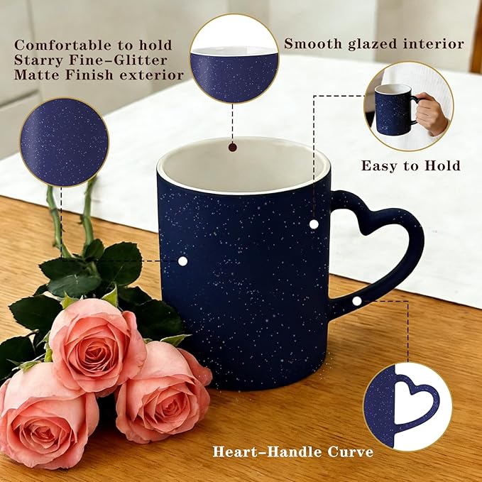 Custom Color Changing Mug,Personalized Photo Logo Text Print,Hidden Image Shows with Hot Drinks,Heart Shaped Handle Ceramic Coffee Cup,Home Office,for Valentine's Day (Dark Blue Starry)
