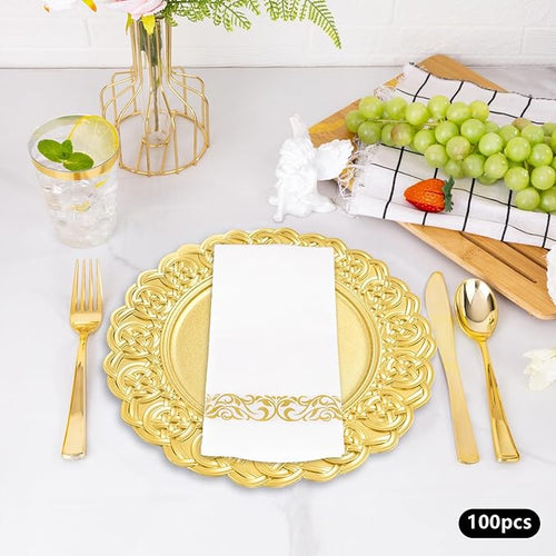 100 Pcs Antique Charger Plates Bulk, 13in Reusable Serving Plates Embossed Rim Plastic Party Dinner Plate Chargers Round Decorative Server Plate for Wedding Party Event Tableware