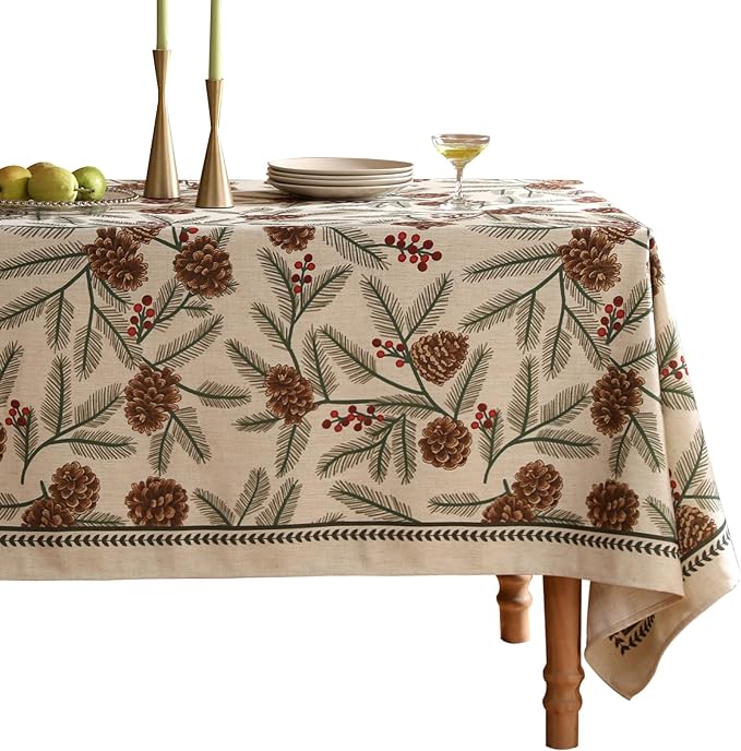 ISAENNE Designer Christmas Beige Linen Extra Long Tablecloth Rectangle,Pinecones Pattern Indoor Table Cloths,Washable Decor Tablecloths for Dining Thanksgiving Kitchen,63"*110"-Carol B