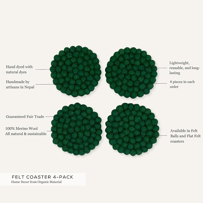 Humble Hilo Handmade Felt Coaster, 3.9 inches, Set of 4 (Green)