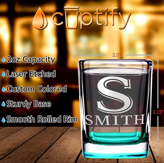 Personalized Square Shot Glasses Set of 50 Teal Bottom 2oz Engraved Initial and Name Custom Gifts, Weddings, Birthdays, Party, Event, Decorations