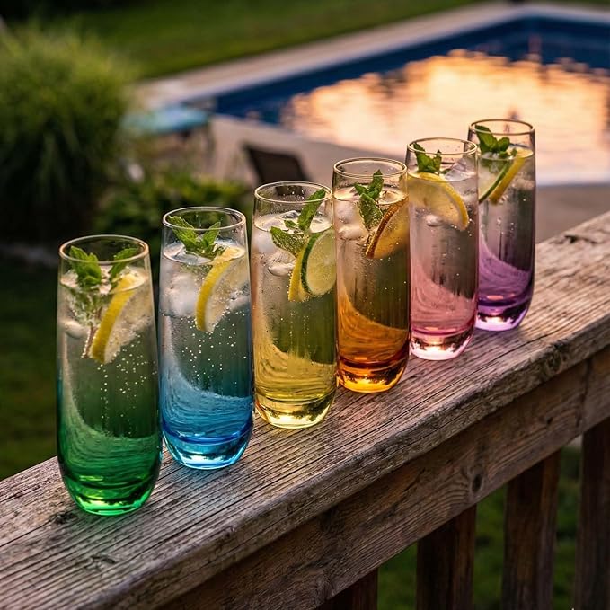 ColoVie Stemless Champagne Glasses Set of 6- Colored Champagne Flutes- Wedding Toasting Glass- Bridesmaid Gift- Mimosa Glass- Crystal Bar Glassware- Birthday Cocktail Party, 9.6oz