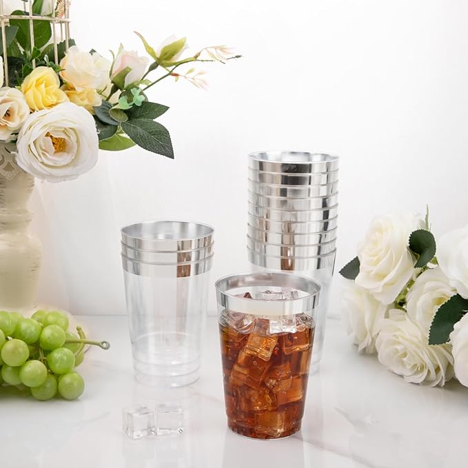 I00000 100 Pack 12 oz Silver Plastic Cups, Silver Rimmed Disposable Cups, Party Wine Glasses Cocktail Glasses Premium Cups with Silver Rim, 12 Ounce Plastic Tumblers For Party