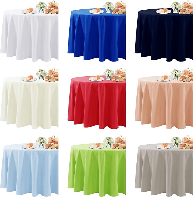 Fokitut 12 Pack Waterproof Round Tablecloth, 132 Inch, Stain Resistant and Wrinkle Polyester Table Cloth, Fabric Table Cover for Kitchen Dining, Wedding, Party, Holiday Dinner-White