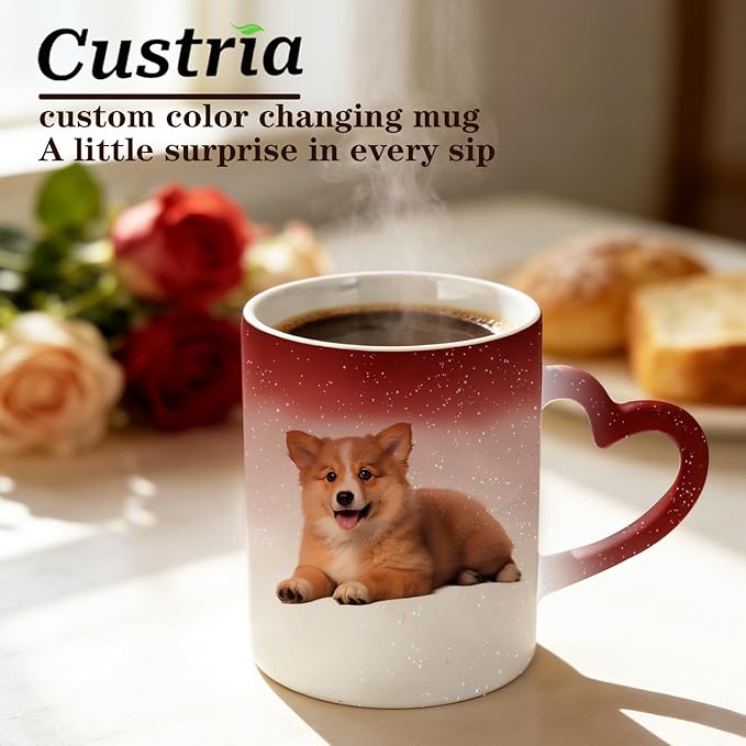 Custom Color Changing Mug,Personalized Photo Logo Text Print,Hidden Image Shows with Hot Drinks,Heart Shaped Handle Ceramic Coffee Cup,Home Office,for Valentine's Day (Red Starry)