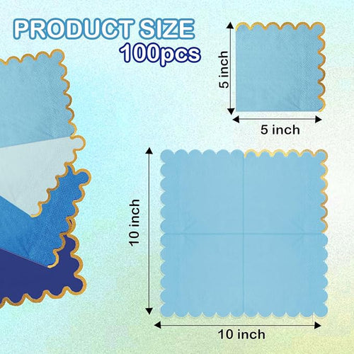 100 pack Blue Cocktail Napkins with Gold Foil Accents Scalloped Edges 5 x 5 inch Beverage Disposable Napkin Party Decoration Wedding Bridal and Baby Shower Dinner Lunch Supplies