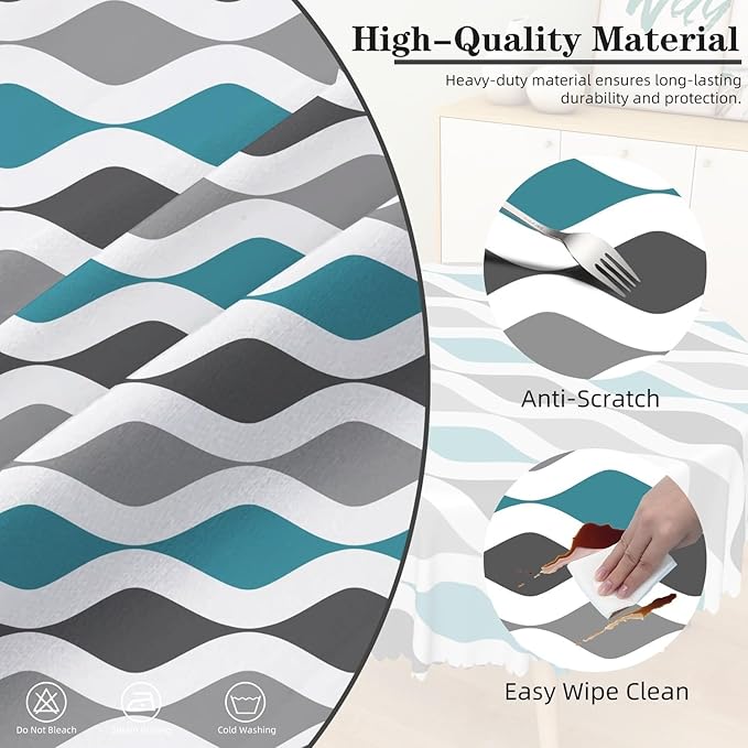 Laeacco 54 Inch Geometric Round Tablecloth Blue and Grey Waved Stripes Modern Abstract Art Print Table Cloth Washable Waterproof Wrinkle Free Table Cover for Kitchen Dining Picnic Party Decoration