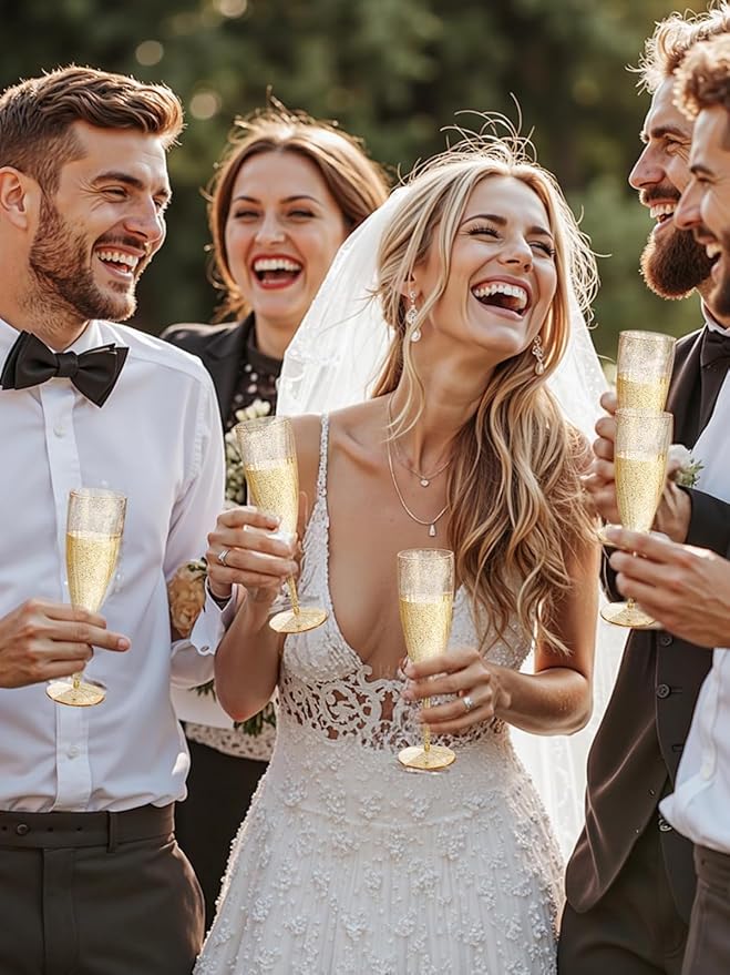 WDF 36-Pack Plastic Champagne Flutes - Gold Glitter Champagne Glasses Disposable - Perfect for Wedding Birthday Bridal Shower Valentine's Day