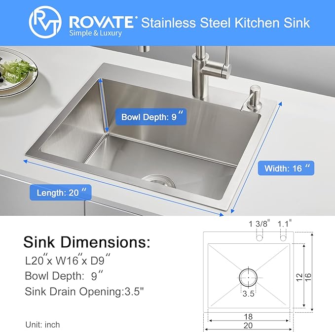 ROVATE 20 x 16 inch Drop-in Kitchen Sink Single Bowl, Topmount Kitchen Sink Handmade, 304 Stainless Steel Overmount Kitchen or Bar Sink with Basket Strainer, 20 x 16 x 9 inch