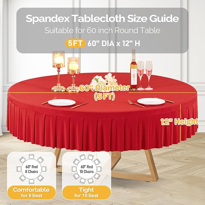 4 Pack Red Spandex Round Tablecloths for 60 Inch Tables, Stretchy Fitted 5FT Cloths, Wrinkle-Free Cover With Skirt for Wedding Party Dining Banquet