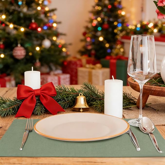 MANSPHIL Sage Green Fabric Placemats Set of 4 Washable Thick Faux Linen Table Place Mats Double Layer Fabric Wrinkle Free Dining Kitchen Table Decor - 13x19 Inch Oeko Tex Placemat